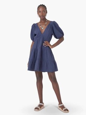Xirena Nissa Dress Night Bleu Navy Gauze Puff Sleeve Open Back Mini Dress S